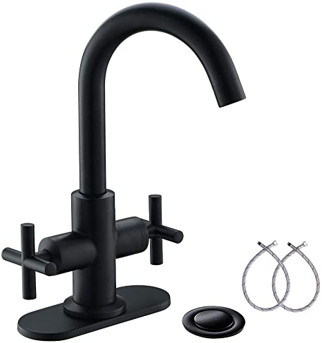 4 Inch 2-Handle Centerset Bathroom Faucet with Drain,Deck Plate and Supply Hoses by Phiestina, Matte Black, Fit for Single Hole Or Three Hole,SGF03-10-MB