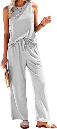 Ekouaer Womens Pajamas 2 Piece Lounge Set Waffle Knit Loungewear Sleeveless Tank Top with Long Pants Outfits S-XXL