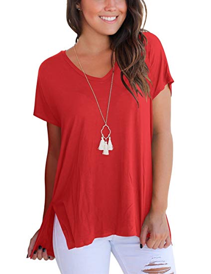 Fantastic Zone Women's Short Sleeve High Low Loose T Shirt Basic Tee Tunic Tops with Side Split
