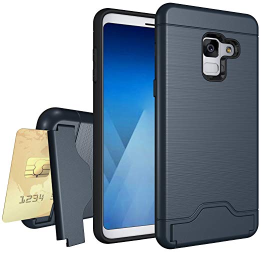 Samsung Galaxy A8 2018 Case, OEAGO [Card Slot] [Brushed Texture] Heavy Duty Hybrid Dual Layer Wallet Case Cover Shell with Kickstand for Samsung Galaxy A8 2018 - Blue