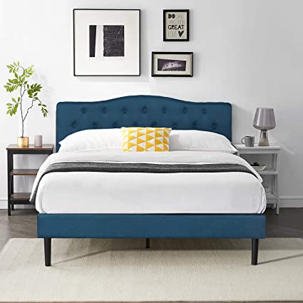 VECELO Classic Upholstered Platform Bed Diamond Stitched Cloth Panel Headboard/Mattress Foundation/Easy Assembly/Strong Slat Support Queen,Blue