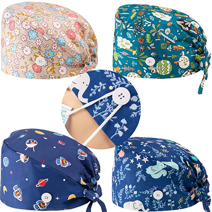 4 Pieces Scrub Cap with Button Printed Adjustable Bouffant Cap Unisex Scrub Hat Hair Cover