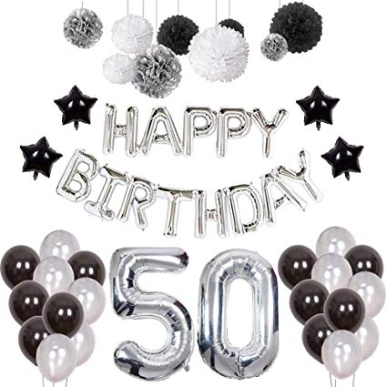 Puchod 50 Birthday Decorations for Men, Happy Birthday Balloons Party Supplies Set Foil Latex Balloons Banner Black White Silver Paper Pom Poms