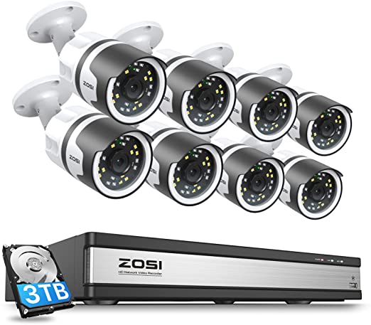 ZOSI 16CH 4K Security PoE Camera System, 16CH 4K NVR with 3TB HDD for 24/7 Recording, 8PCS Wired 5MP PoE IP Cameras Outdoor Indoor, Color Night Vision, 2-Way Talk, Human Detection, Sound & Light Alarm