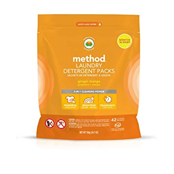 Method Laundry Detergent Packs, Naturally Derived, 3-in-1 Cleaning Power, Ginger Mango Scent, 42 Count per Pouch, 168 Loads (Pack of 4 Pouches)