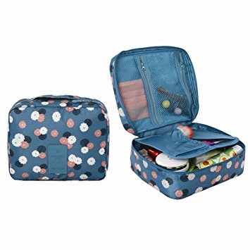 CalorMixs Travel Cosmetic Bag Printed Multifunction Portable Toiletry Bag Cosmetic Makeup Pouch Case Organizer for Travel (Floral Blue)