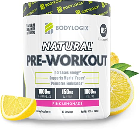 Bodylogix Natural Pre-Workout Powder, NSF Certified, Pink Lemonade, 30 Servings