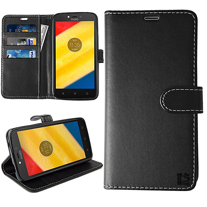 KAMAL STAR® Premium Quality Leather Book Style Wallet Flip Case Cover With Credit Card & Money Slots For Motorola Moto C Plus (BLACK BOK)