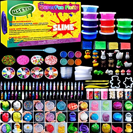 HSETIY Super Slime Kit Supplies-12 Crystal Clear Slimes with 54 Packs Glitter Sheet Jars, 3 Jelly Cubes,4 Pcs Fruit Slices,16 pcs Animals Beads, Foam Balls，5 Slime Containers with DIY Art Crafts
