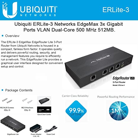 Ubiquiti EdgeMax EdgeRouter Lite ERLite-3 512MB Memory 3 Ethernet Ports Router