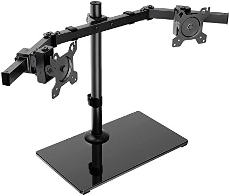 HUANUO Dual Monitor Stand - Free Standing Height Adjustable Two Arm Monitor Mount with Glass Base for 17 inch to 32 inch LCD Screens with Swivel and Tilt, Max VESA 100x100mm HNCM19