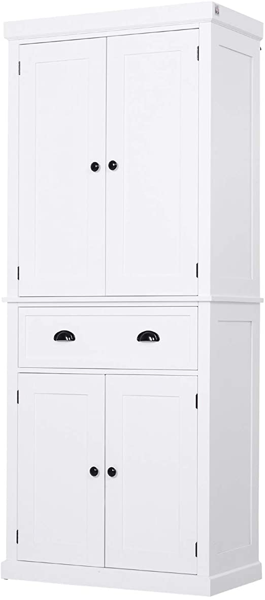 HOMCOM 72" Traditional Freestanding Kitchen Cupboard Pantry Cabinet with Elegant Colonial Design, Antique Hardware White