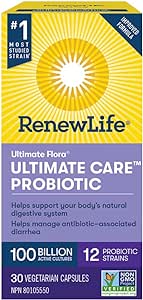 Renew Life® Probiotics Ultimate Flora® Ultimate Care Probiotic, Helps manage antibiotic-associated diarrhea, 100 Billion Active Cultures 30 Vegetarian capsules