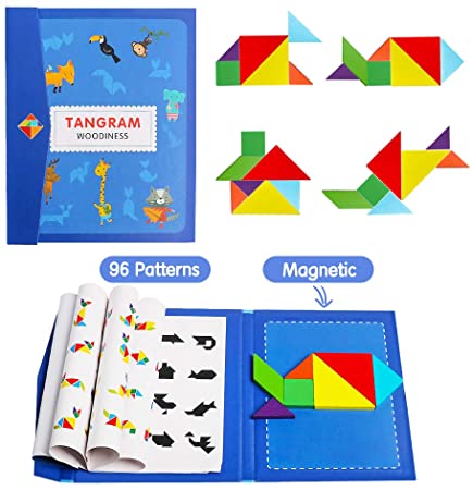 USATDD Wooden Pattern Tangram Magnetic Puzzle Shape Blocks Road Trip Travel Games Brain Teasers Montessori Early Educational Learning IQ STEM Toy Gift for Kid Toddlers Adults Age 3  Years Old