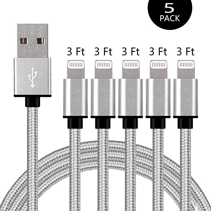 5Pack 3FT, BBInfinite Compatible iPhone Cable, Lightning Cable MFi Certified, Nylon Braided Charger to Cable Data Syncing Cord iPhone X XS XsMax XR 8 8Plus 7 7Plus 6/6S 6/6SPlus,SE 5S 5(Silver White)