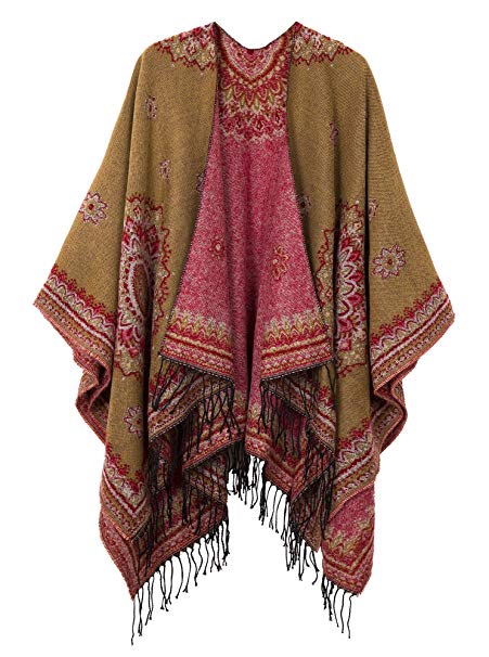 Women's Fashionable Retro Style Vintage Pattern Tassel Poncho Shawl Cape