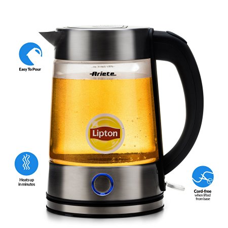 Delonghi Ariete Modern Electric Cordless Glass Tea Kettle with Stainless Steel Accents 1.7 Liter