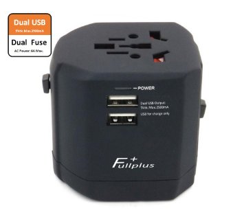 FullPlus Travel Adapter, Universal Travel Plug With Dual 3.2A USB Ports US To UK EU AU All In One Worldwide Travel Power Adapter Safety Fuse Protection Adaptor International AC Wall Charger
