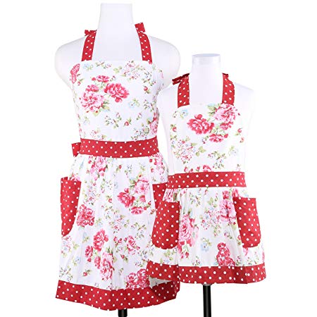 Neoviva Cotton Canvas Kitchen Apron with Pockets for Mama and Me, Style Diana, Floral Lollipop Red