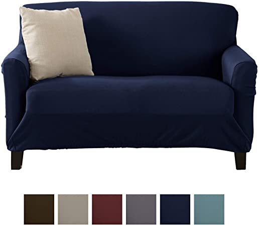 Home Fashion Designs Solid Twill Love Seat Slipcover. One Piece Stretch Loveseat Cover. Strapless Love Seat Cover for Living Room. Brenna Collection Slipcover.  (Love Seat, Navy - Solid)