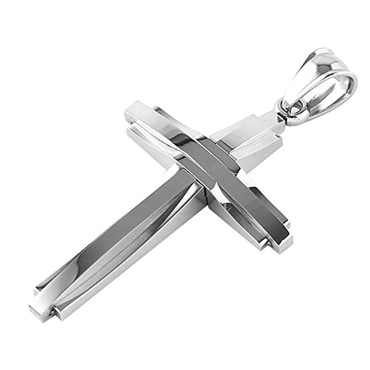 HZMAN Mens Polished Stainless Steel Silver Cross Pendant Necklace 24 Inches Chain