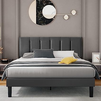 VECELO Full Size Bed Frame, Upholstered Platform Bedframe, Adjustable Headboard, Wood Slat Support, No Box Spring Needed, Easy Assembly, Grey