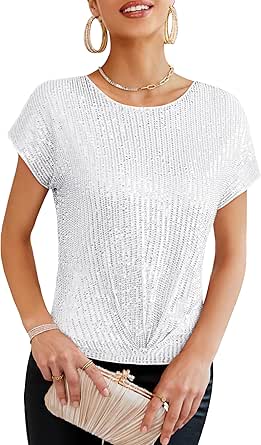 GRACE KARIN Womens Sequin Top Cap Sleeve Twist Front Crew Neck Sparkly Blouses Shimmer Glitter Tops Club Party Shirt