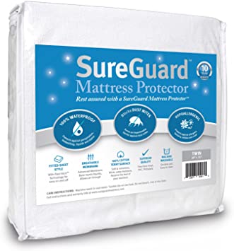 SureGuard Twin Size Mattress Protector - 100% Waterproof, Hypoallergenic - Premium Fitted Cotton Terry Cover