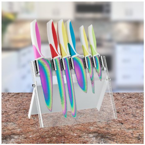 Chef's Star 7 Piece Kitchen Knife Utility Set, With Titanium Colored Stainless Steel Blade and Colorful Handles, Includes Slicer, Bread, Santoku, Chef, Steak and Paring Knife Plus Acrylic Knife Block