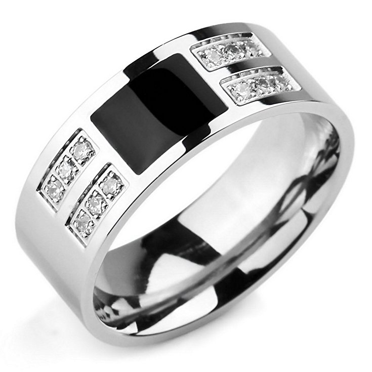 INBLUE Men's Stainless Steel Enamel Ring Band CZ Silver Tone Black Wedding