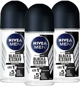 Nivea Roll On Men Deodorant Invisible Black and White Original Anti Perspirant 48 Hours Protection, 50 ml (Pack of 3)