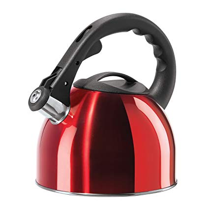 Oggi Stainless Steel Whistling Tea Kettle with Nylon Stay Cool Handle & Trigger Opening Spout, 2.5 L/85 oz, Mirror Red