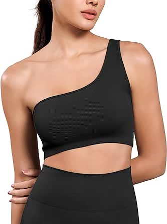 ODODOS Seamless One Shoulder Sports Bra for Women Ribbed Asymmetrical Non Padded Yoga Crop Tank Tops