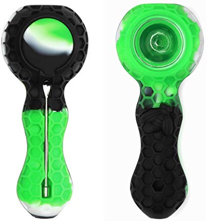 Unbreakable Honey Silicone Straw Pipe with Cleaner Cover and Decorative Bowl Interior (Black Green)