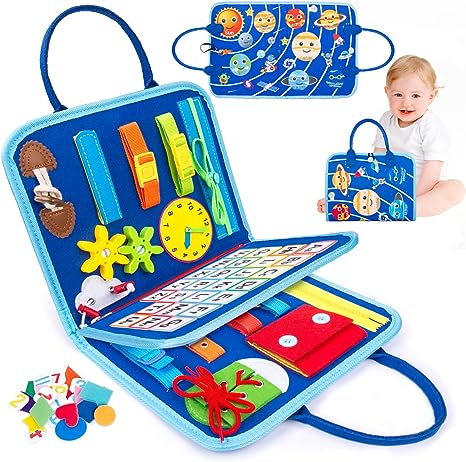 SPLAKS Busy Board, 20 in 1 Toddlers Toys Sensory Toys Activity Board for Learning Fine Motor Skills Preschool Educational Learning Toys Gift for Boys Girls-Planet