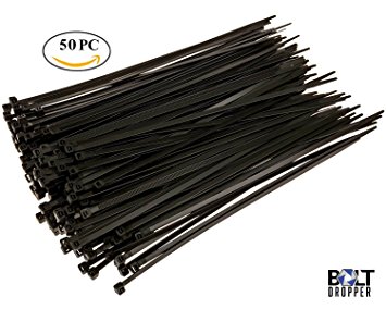 24" Inch Black Zip Cable Ties (50 Pack), 175lb Strength Nylon Wire Ties, By Bolt Dropper.