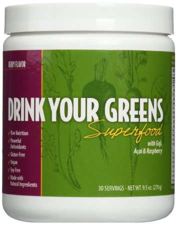 DRINK YOUR GREENS Superfood with Goji, Acai & Raspberry. Vegan & Gluten Free, Green Juice to go Powder, complete Nutrition, powerful Antioxidants, Multi Vitamins, Minerals, Prebiotic's and Probiotics