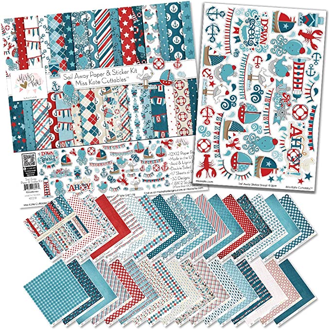 Paper & Sticker Kit - Sail Away - 17 Double-Sided 12x12 Papers with 33 Designs & 1 8X12 Sticker Sheet - Scrapbooking Card Making Crafting - by Miss Kate Cuttables