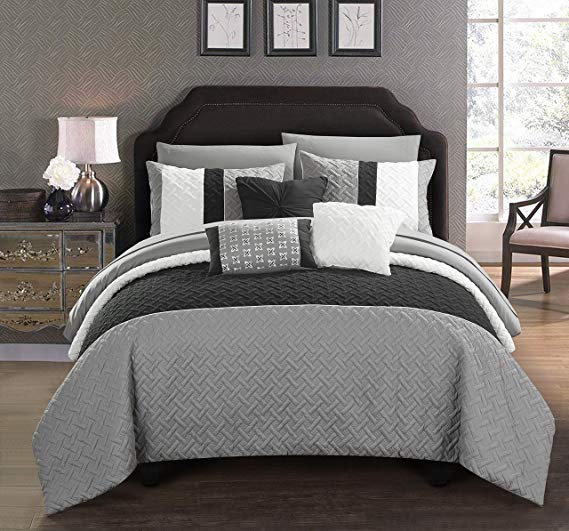 Chic Home Lior 8 Piece Comforter Set Color Block Quilted Embroidered Design Bed in a Bag Bedding – Sheets Decorative Pillows Sham Included, Twin, Grey