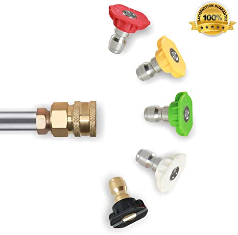 Pressure Washer Spray Nozzle Tips Multiple Degrees, 4000PSI Premium Power Washer Nozzle Tips Set with 1/4'' Quick Connect Nozzles, 5 Nozzles(0、15、25、40、65 Degrees Soap) 3.0 GPM