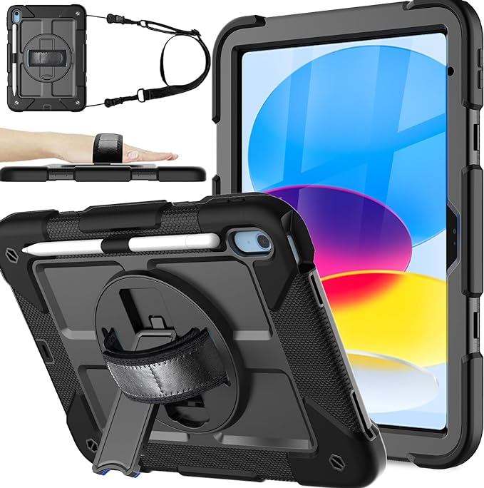 BMOUO iPad 10th Generation Case 10.9 inch 2022 - with Screen Protector, 360 Rotating Stand & Pencil Holder & Hand & Shoulder Strap Shockproof 10.9” iPad 10th Generation Case (iPad 10th Gen), Black