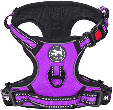 PoyPet No Pull Dog Harness, [Release on Neck] Reflective Adjustable No Choke Pet Vest with Front & Back 2 Leash Attachments, Soft Control Training Handle for Small Medium Large Dogs(Purple,S)