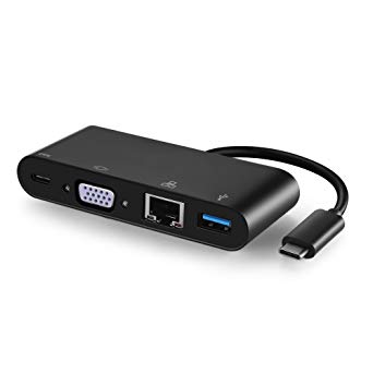 TNP USB C to VGA   USB 3.0 Type A   Gigabit Ethernet   USB Type C Power Delivery Charging Port Hub Adapter - USB-C to SuperSpeed USB, RJ45 LAN Network Card, 1080P Video Converter Connector Cable Wire