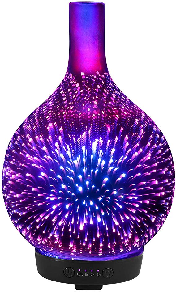 MASEN Aromatherapy Essential Oil Diffuser, Ultrasonic Cool Mist Humidifier with 3D Firework Starburst LED Lights Glass Vase Pattern Optional Timer Smart Shut Off for Home