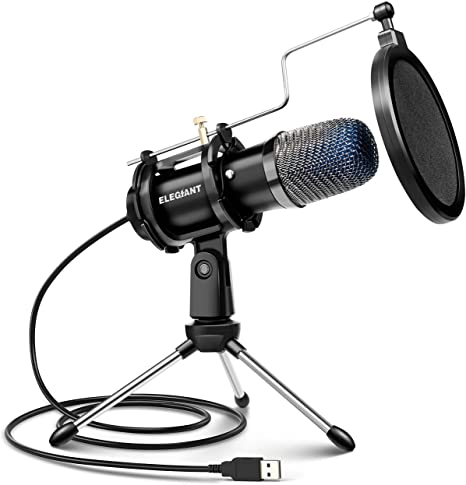 Computer Microphone, ELEGIANT Plug & Play USB Condenser Studio Microphone with Tripod Stand & Pop Filter for Zoom Skype Youtube Gaming Podcasting Compatible with iMAC Windows Computer, Black