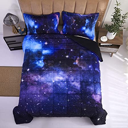 HIG 3D Bedding Set 2 Piece Twin Size Galaxy Print Comforter Set with One Matching Pillow Cover - Box Stitched Quilted Duvet - General for Men and Women Especially for Children (S3,Twin)
