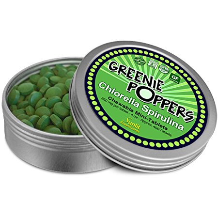 Greenie Poppers Chewable Chlorella Spriulina Mini-tablets. High protein, high energy portable nutrition snack in convenient round tins.