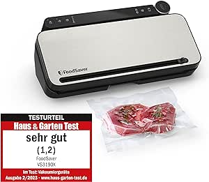 FoodSaver Mehrzweck-Vakuumiersystem für Lebensmittel | mit Handheld-Vakuumiergerät, 1 Vakuumrolle, 4 Vakuumbeuteln & 4 Zip-Beuteln | Silber mit schwarzen Akzenten [VS3190X]