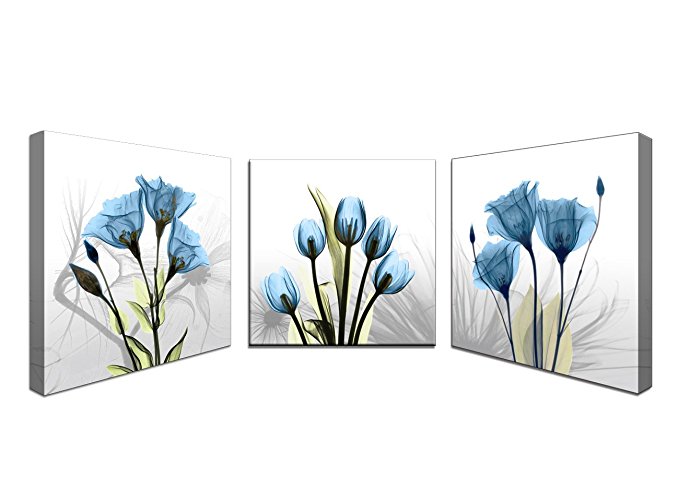 Moyedecor Art - 3 Panel Elegant Tulip Flower Canvas Print Wall Art Painting For Living Room Decor And Modern Home Decorations (Three 16x16in, Blue flower prints framed)