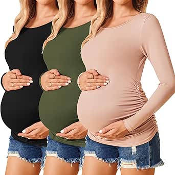 Ekouaer Womens Maternity Shirts Long Sleeve 3 Packs Pregnancy Tee Top Tunic Blouse Casual Mama Clothes S-XXL